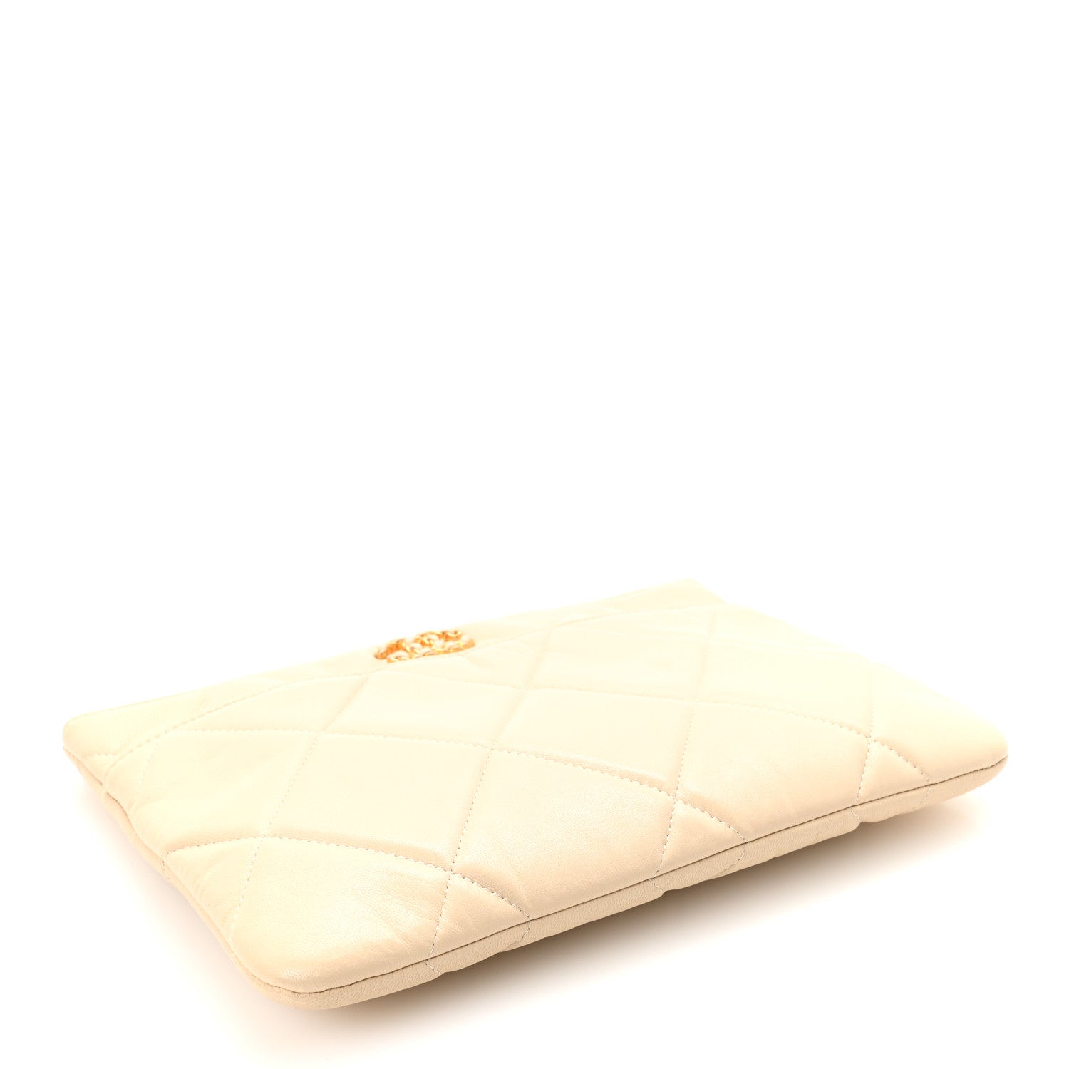 Chanel Shiny Goatskin Quilted Chanel 19 Pouch Beige