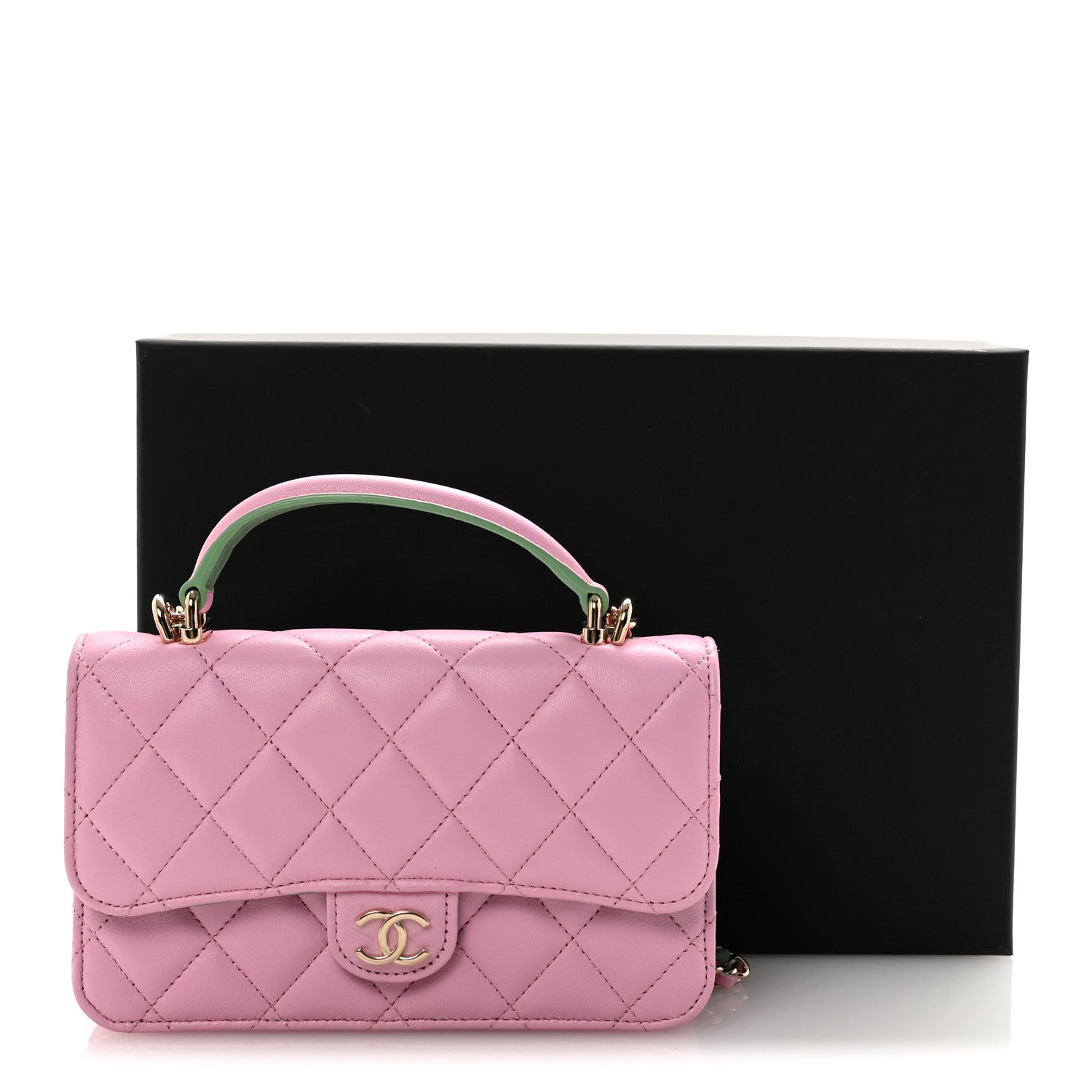 Chanel Lambskin Quilted Flap Phone Holder With Chain Lilac Light Green