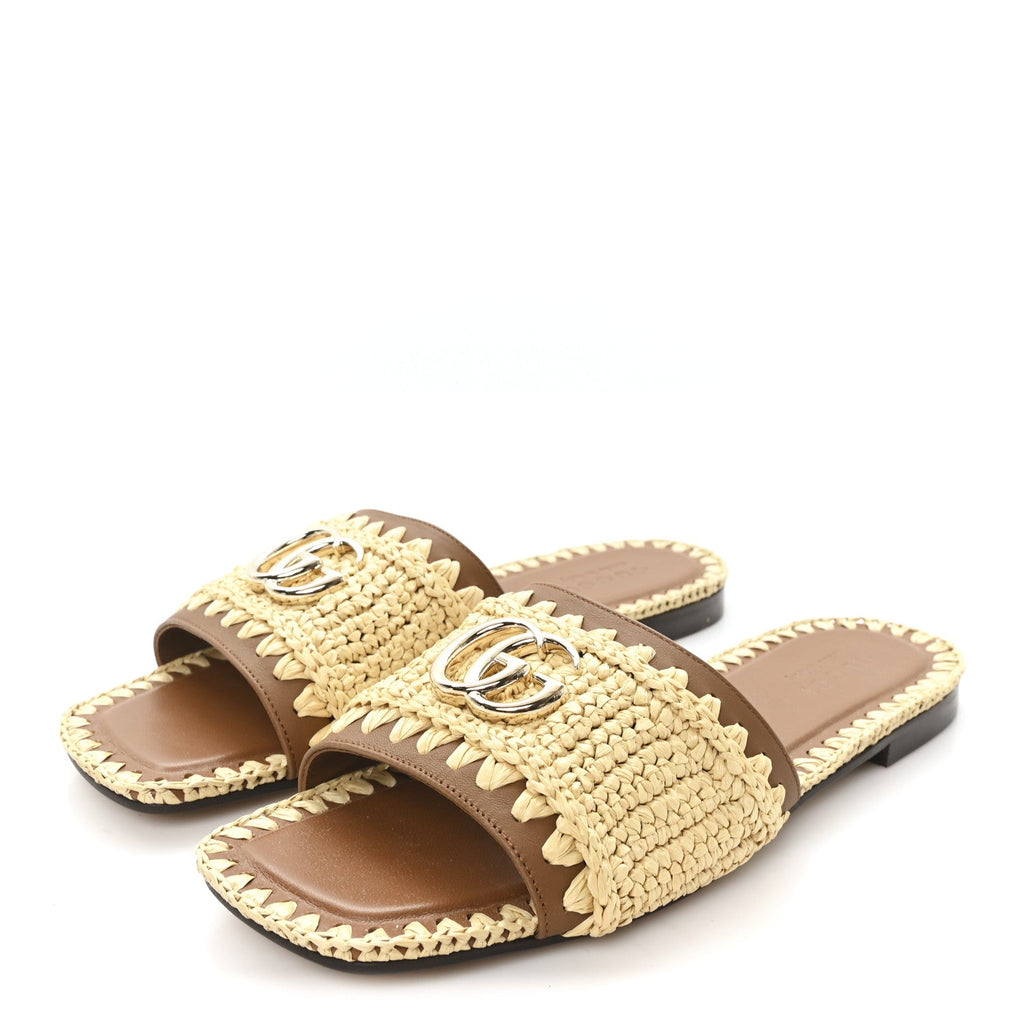 Gucci Raffia Interlocking G Flat Slide Sandals 37.5 Bright Natural Sundial
