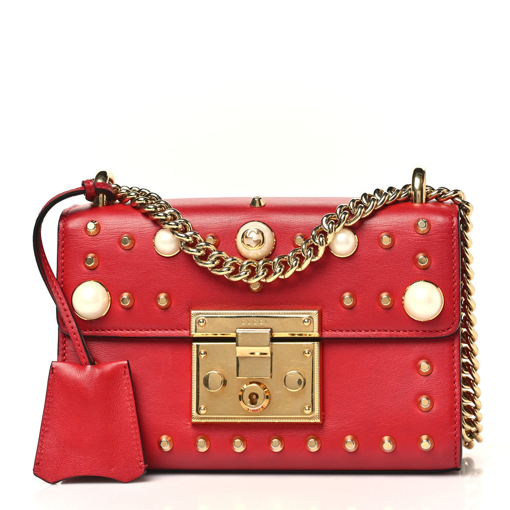 Gucci Calfskin Studded Small Padlock Shoulder Bag Hibiscus Red
