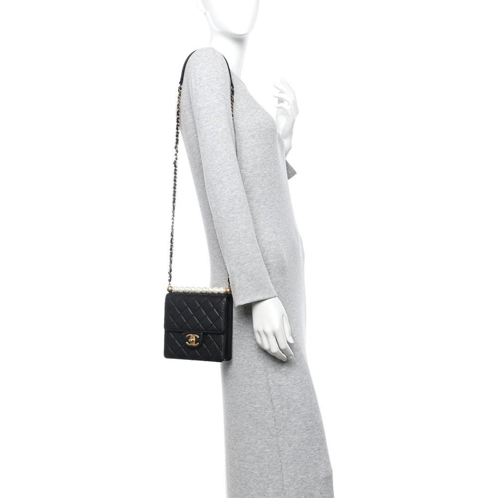 Chanel Goatskin Quilted Chic Pearls Flap Black
