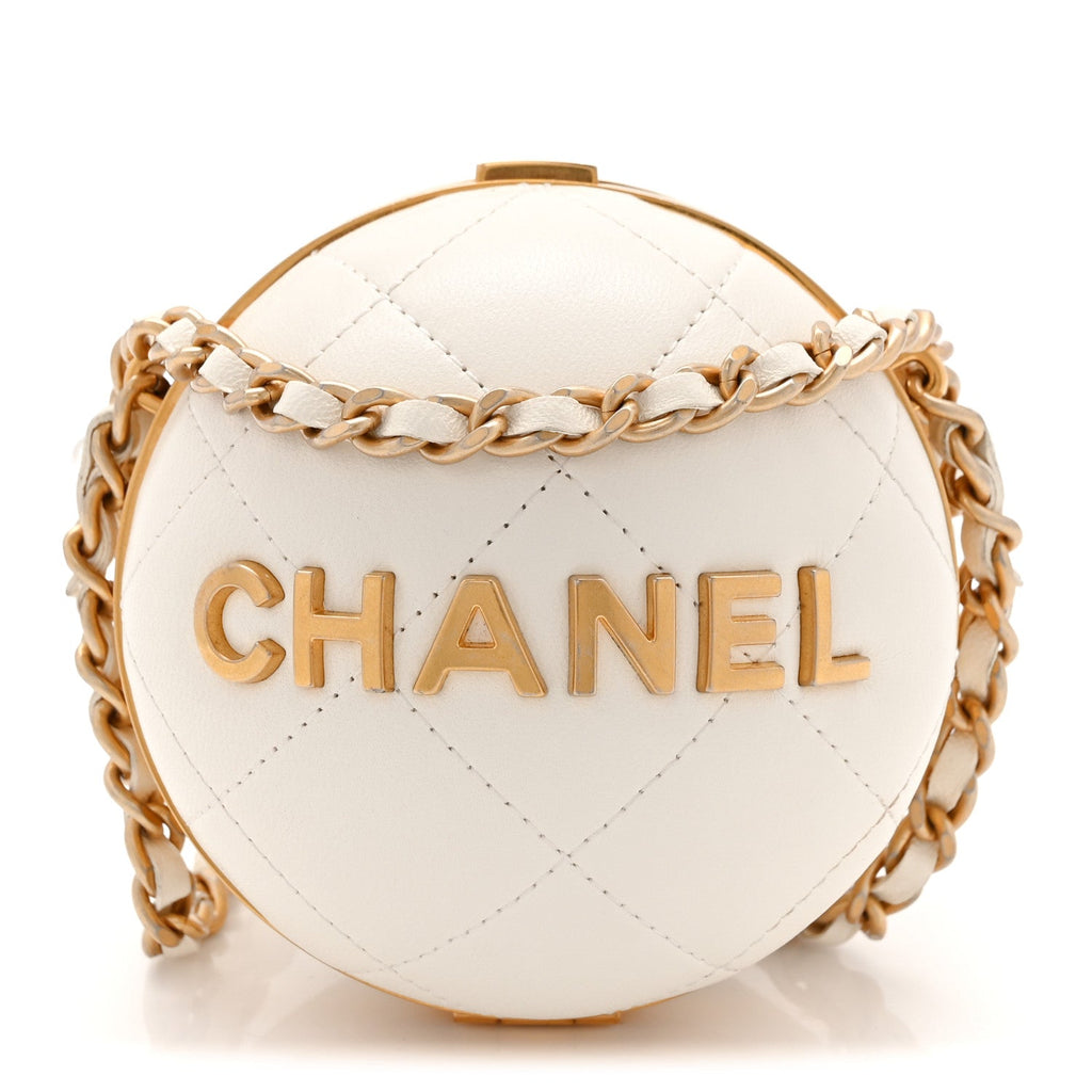 Chanel Lambskin Quilted Sphere Minaudiere Chain Clutch White