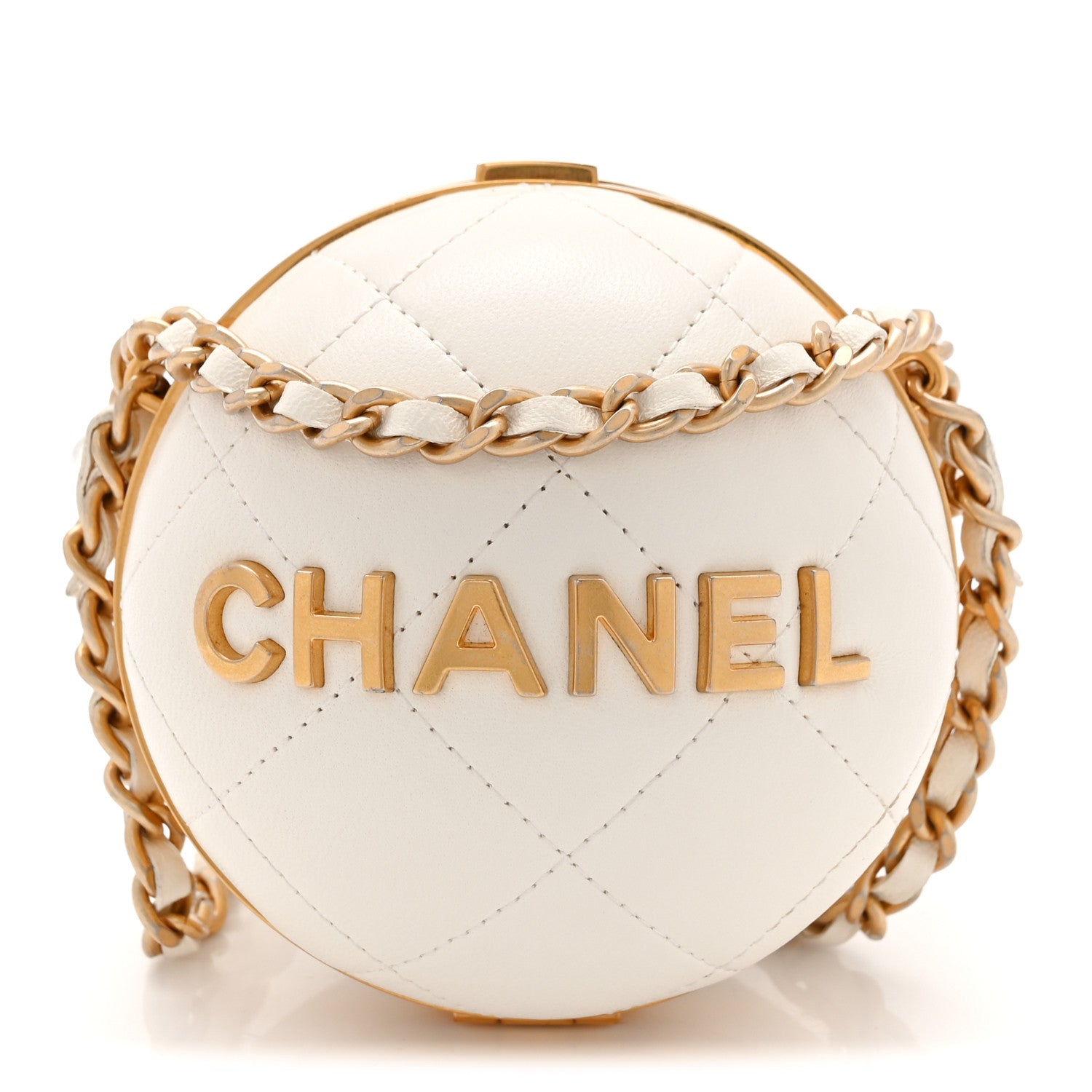 Chanel Lambskin Quilted Sphere Minaudiere Chain Clutch White