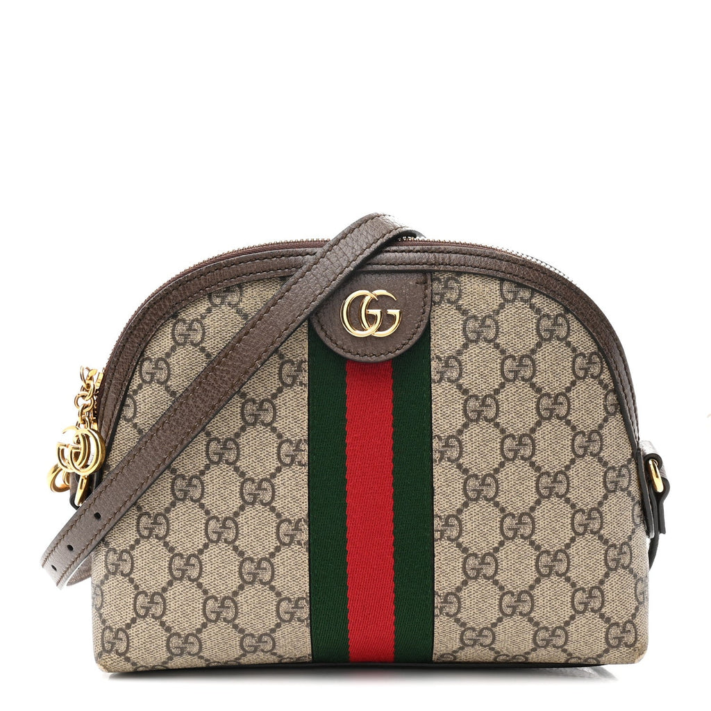Gucci GG Supreme Monogram Textured Dollar Calfskin Web Small Ophidia Dome Shoulder Bag Beige Ebony New Acero