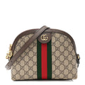 Gucci GG Supreme Monogram Textured Dollar Calfskin Web Small Ophidia Dome Shoulder Bag Beige Ebony New Acero