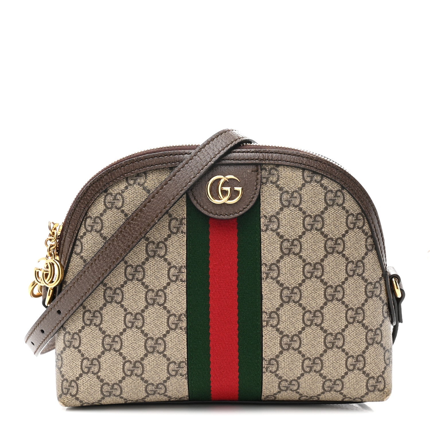Gucci GG Supreme Monogram Textured Dollar Calfskin Web Small Ophidia Dome Shoulder Bag Beige Ebony New Acero