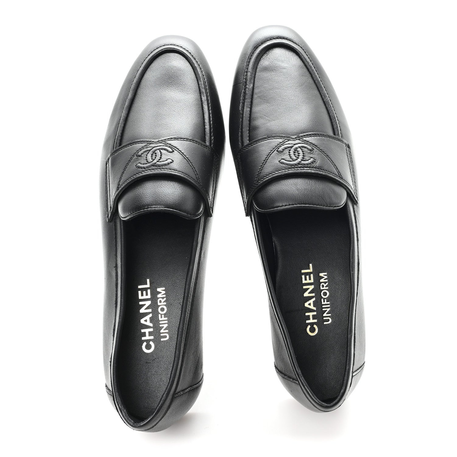Calfskin Womens Stitched CC Loafers 38 Black