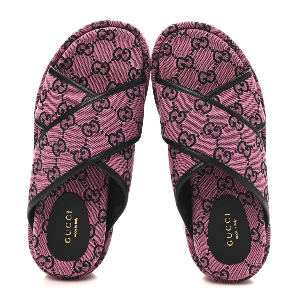 Gucci Monogram Multicolor Criss Cross Platform Slide Sandals 36.5 Pink Blue