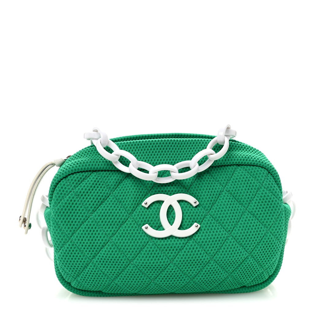 Chanel Mesh Fabric Quilted Camera Bag Green White