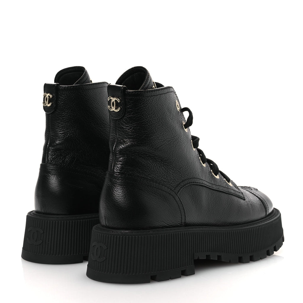 Grained Calfskin Shiny Calfskin CC Lace Up Combat Boots 38.5 Black