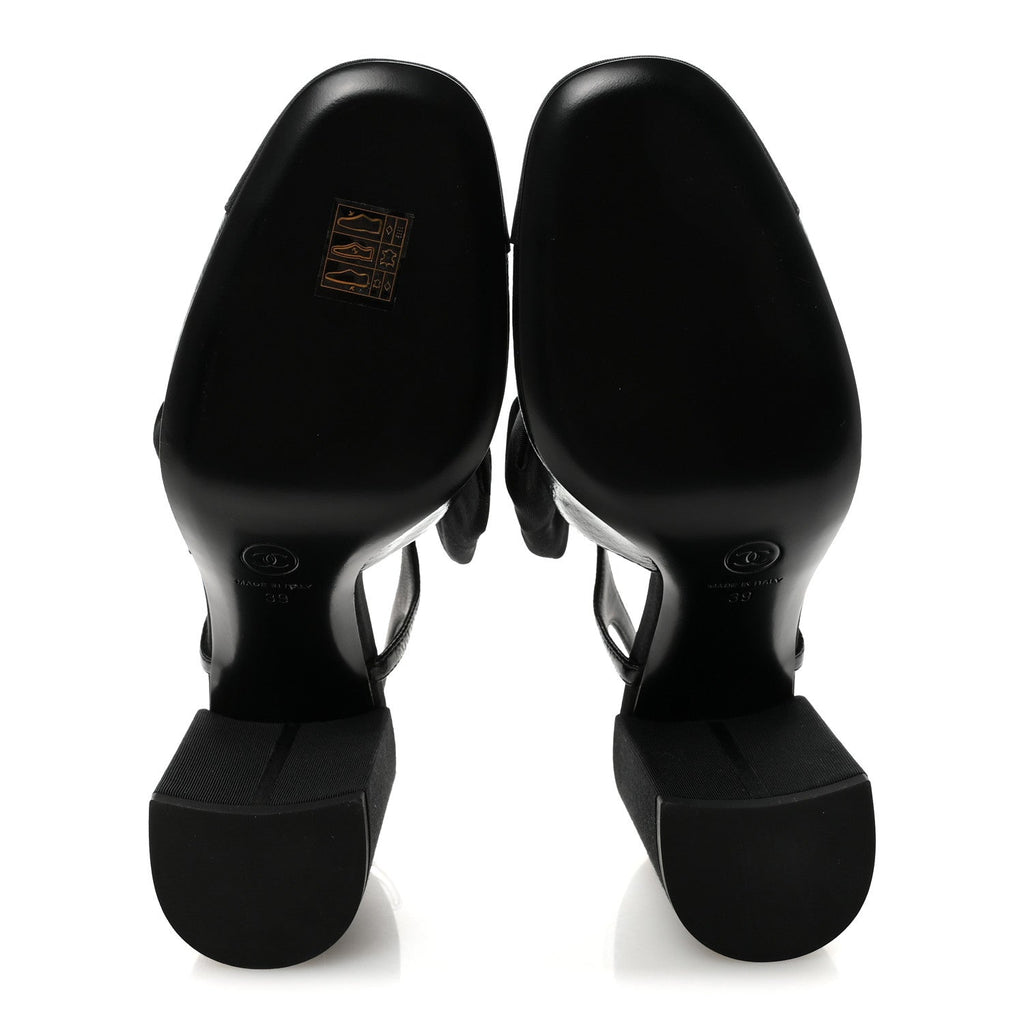 Crumpled Shiny Fabric Grosgrain Cap Toe Camellia Bow Slingback Pumps 39 Black