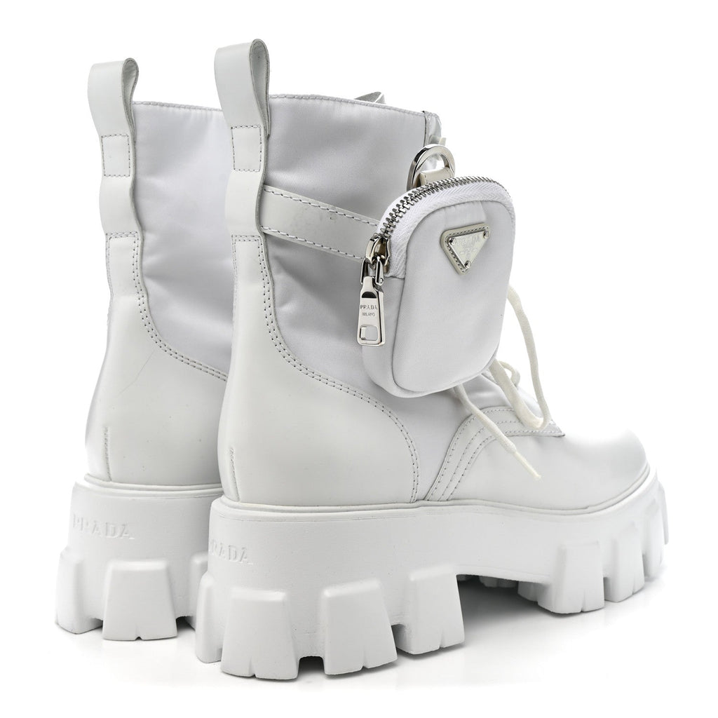 Prada Spazzolato Rois Re-Nylon Metal Triangle Logo Monolith Pouch Pocket 55mm Boots 40.5 White