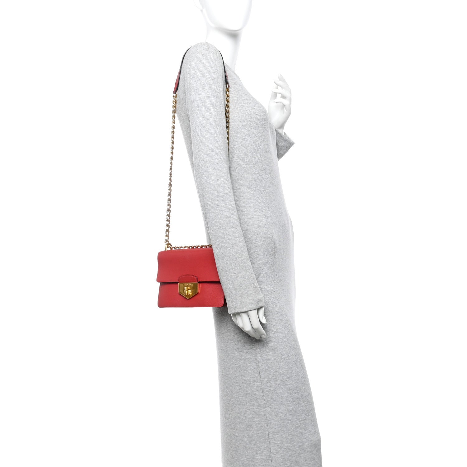 Prada Saffiano Turn Lock Chain Shoulder Bag Fuoco