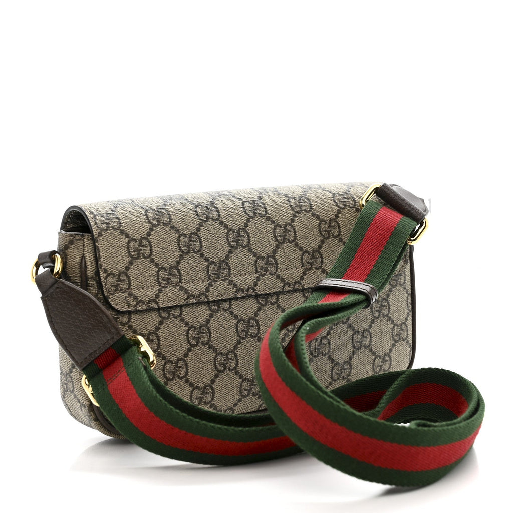 Gucci GG Supreme Monogram Textured Dollar Calfskin Web Mini Ophidia Envelope Shoulder Bag Beige Ebony New Acero