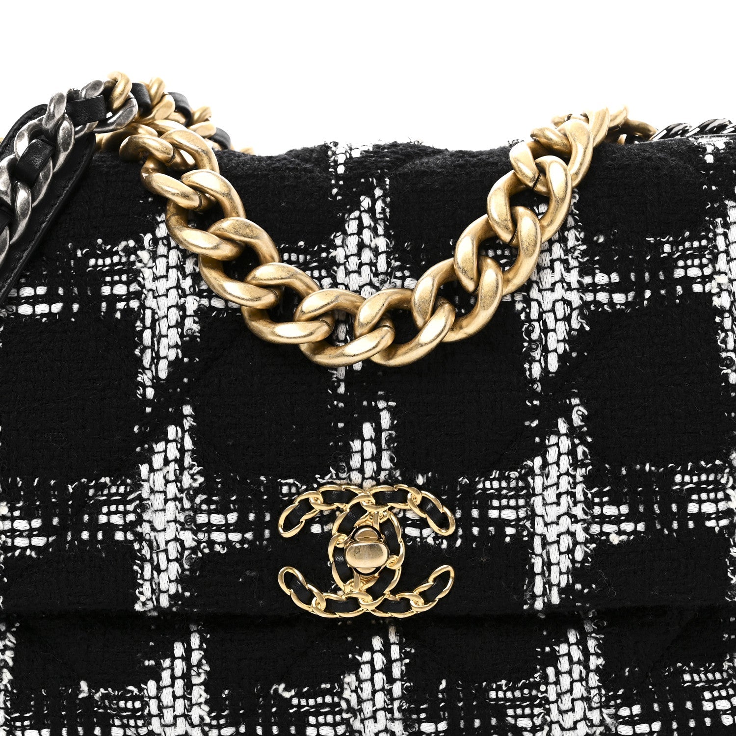 Chanel Tweed Quilted Large Chanel 19 Flap Black White