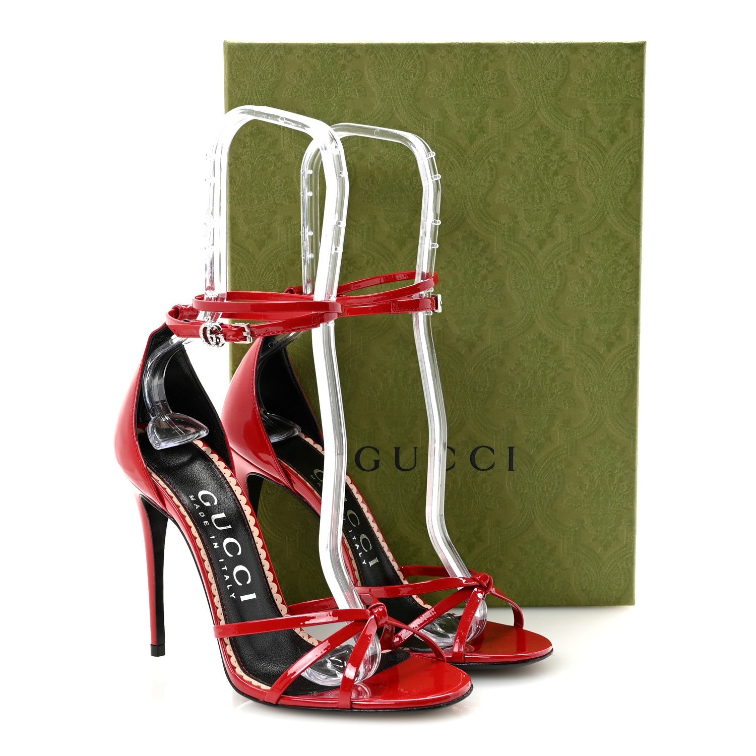 Gucci Patent Crystal Double G Ankle Wrap Sandals 37 Red