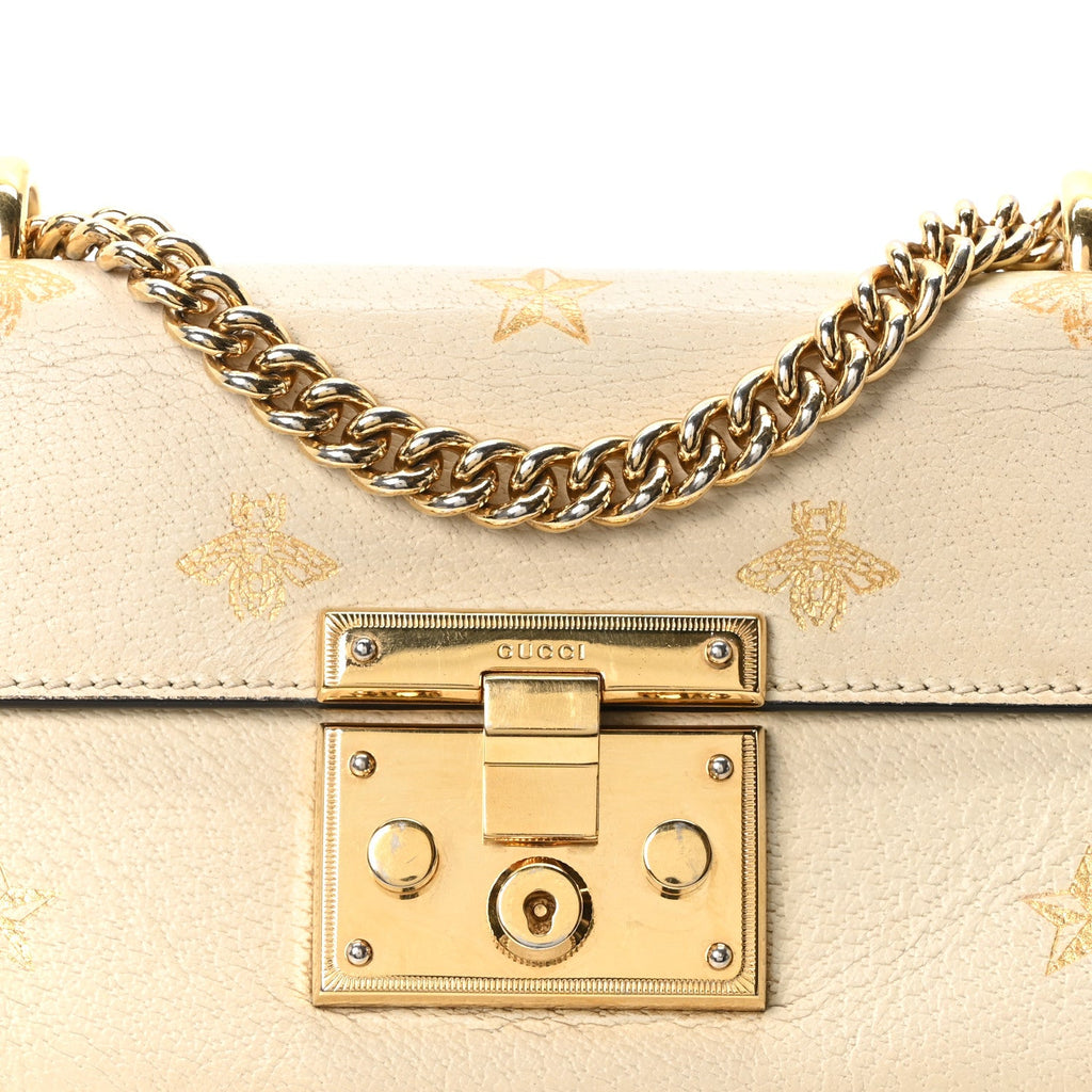 Gucci Grained Calfskin Bee Star Small Padlock Shoulder Bag White
