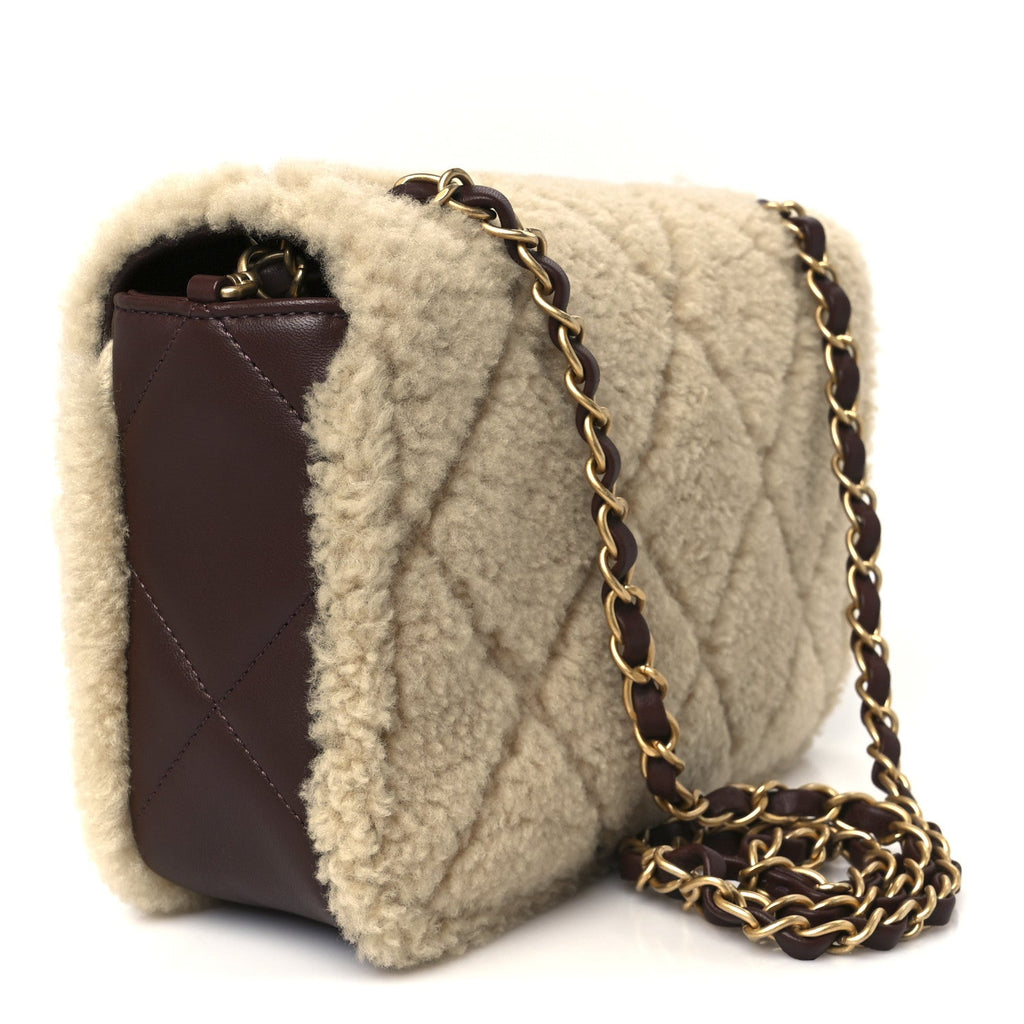 Chanel Shearling Lambskin Quilted Furry Coco Flap Dark Brown Beige
