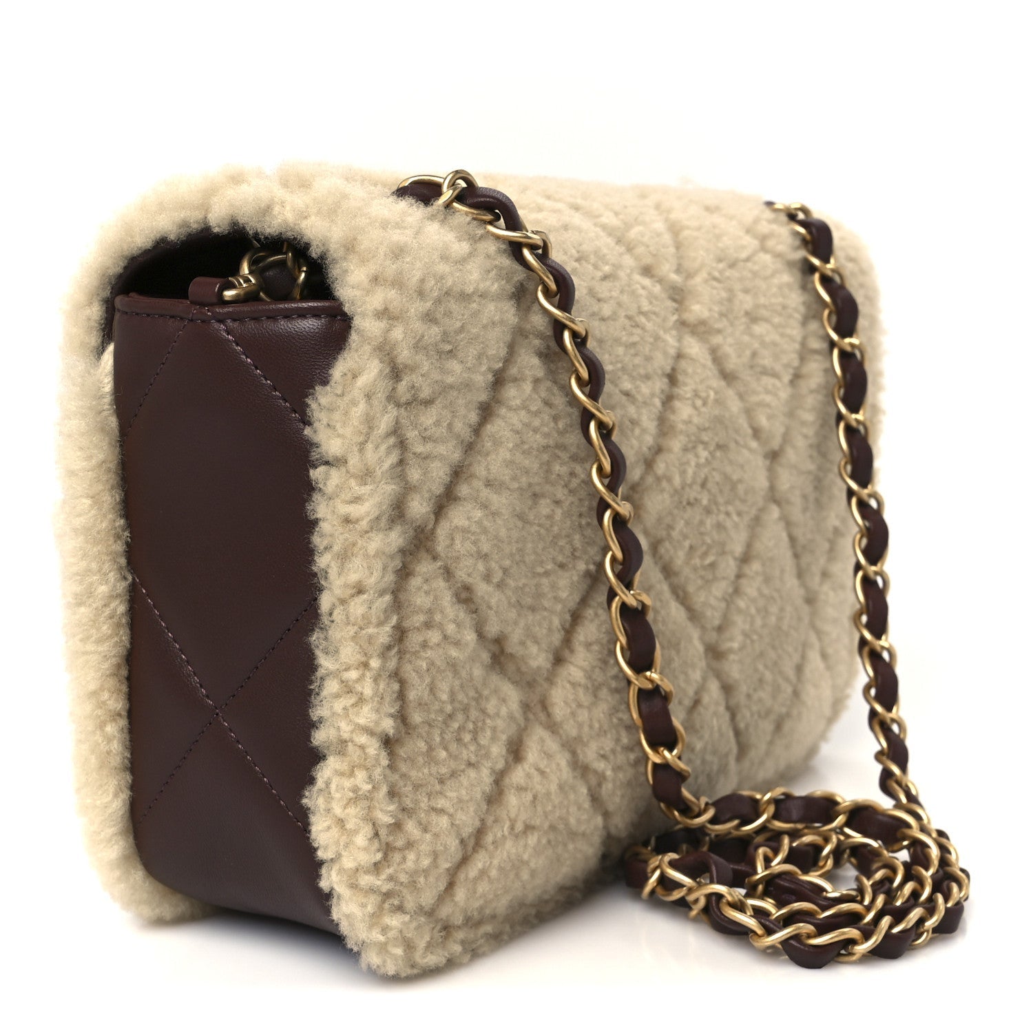Chanel Shearling Lambskin Quilted Furry Coco Flap Dark Brown Beige