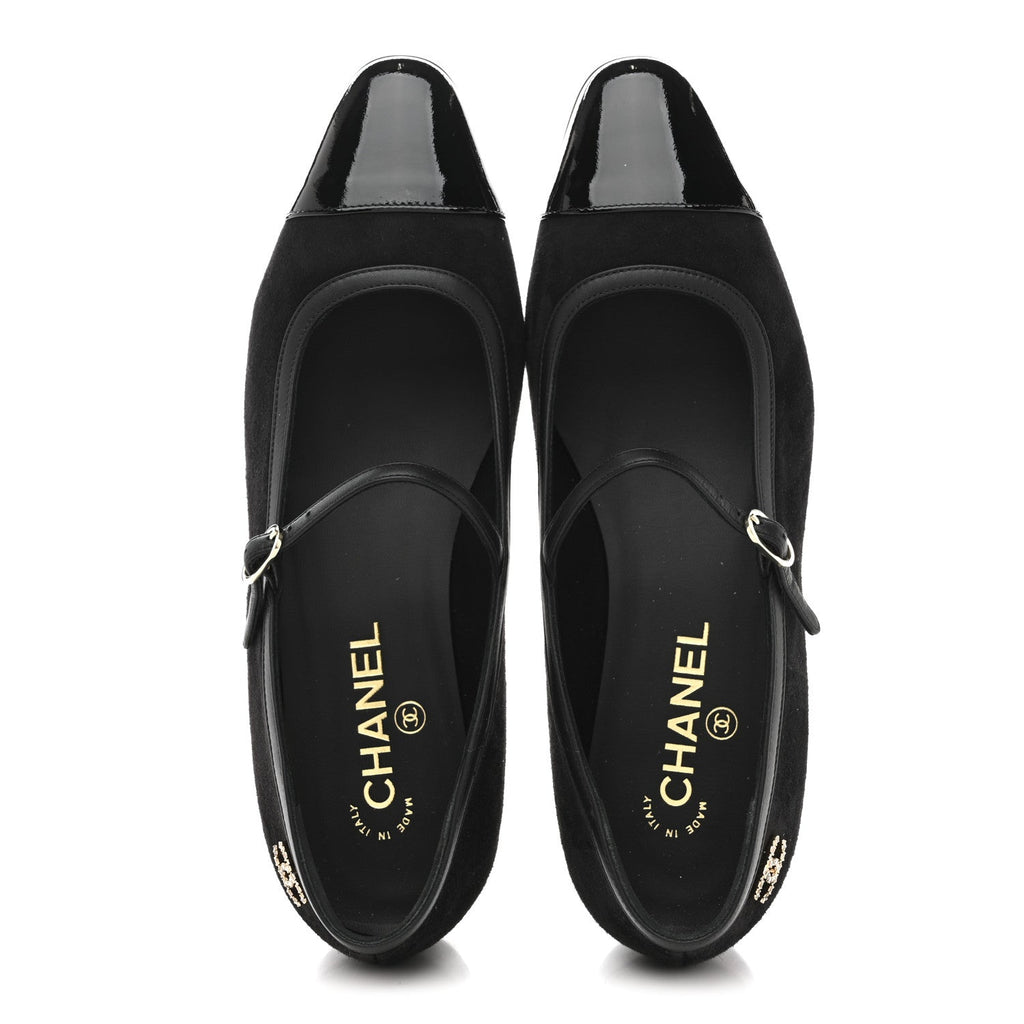 Chanel Suede Kidskin Lambskin Patent Calfskin Cap Toe CC Mary Jane Flats 39.5 Black