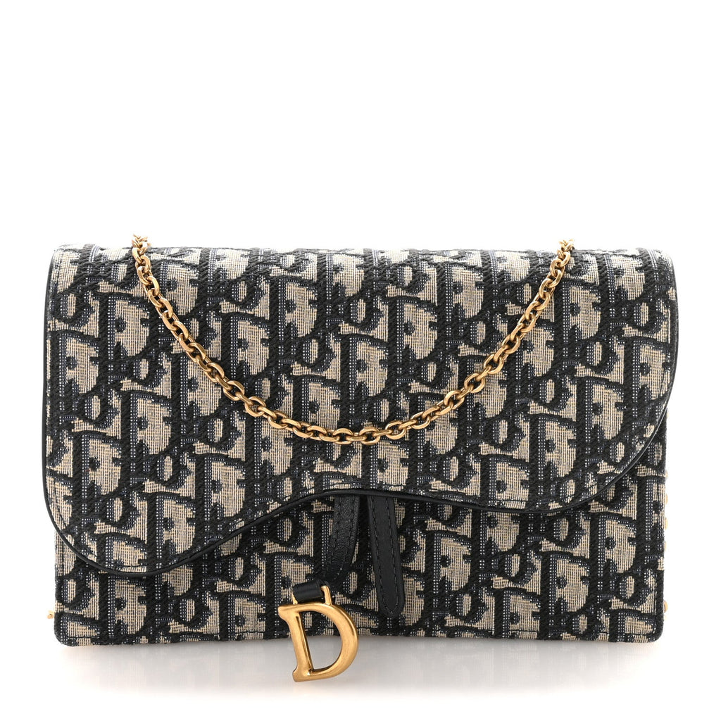 Christian Dior Oblique Saddle Chain Pouch Blue
