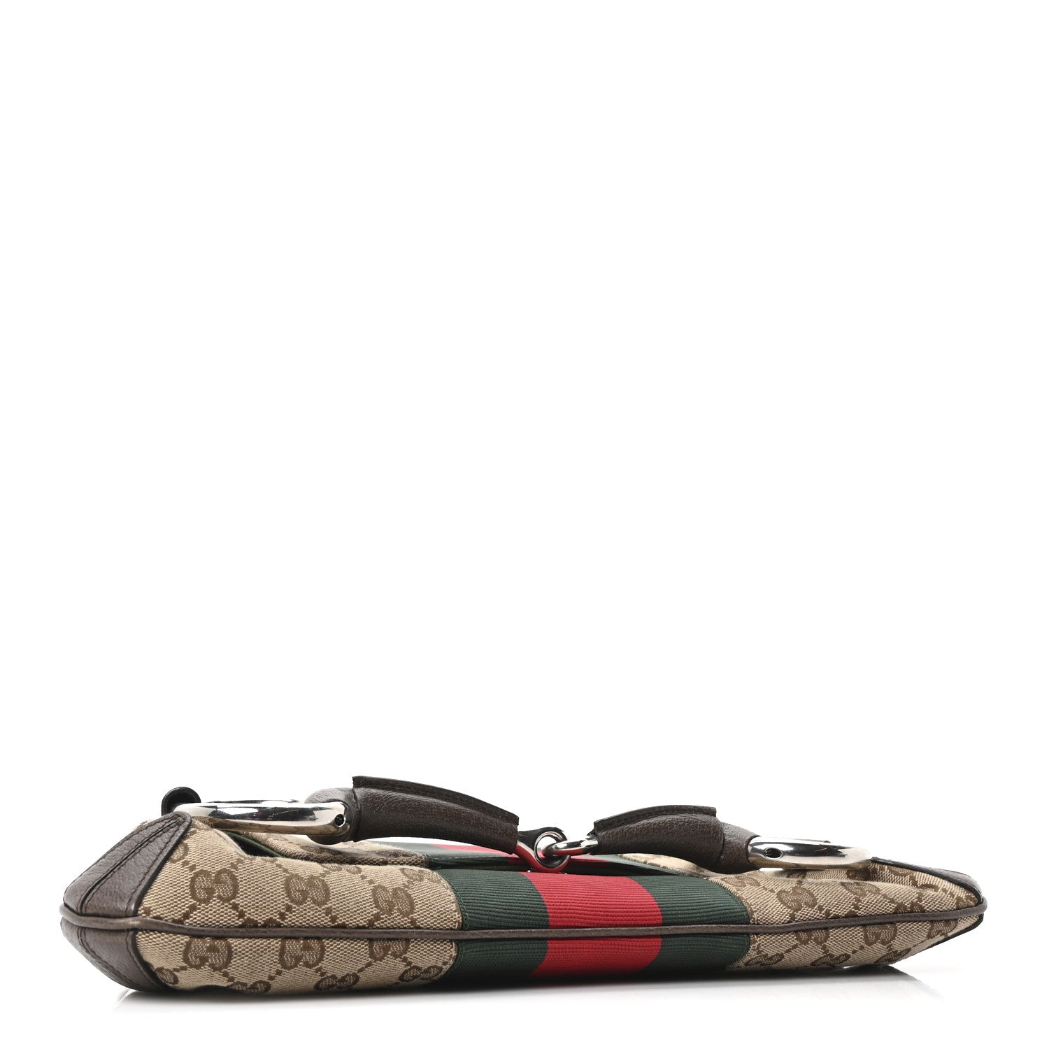 Gucci Monogram Textured Dollar Calfskin Heavy Grosgrain Web Medium Maxi Horsebit Chain Shoulder Bag Beige Ebony New Acero