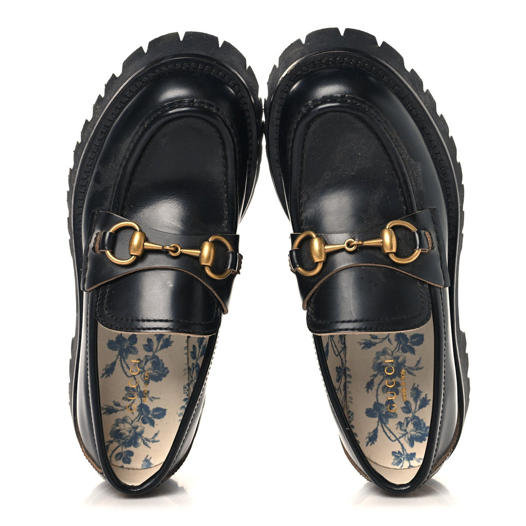 Gucci Cordovan Lux Womens Harald Horsebit 25mm Platform Loafers 35 Black