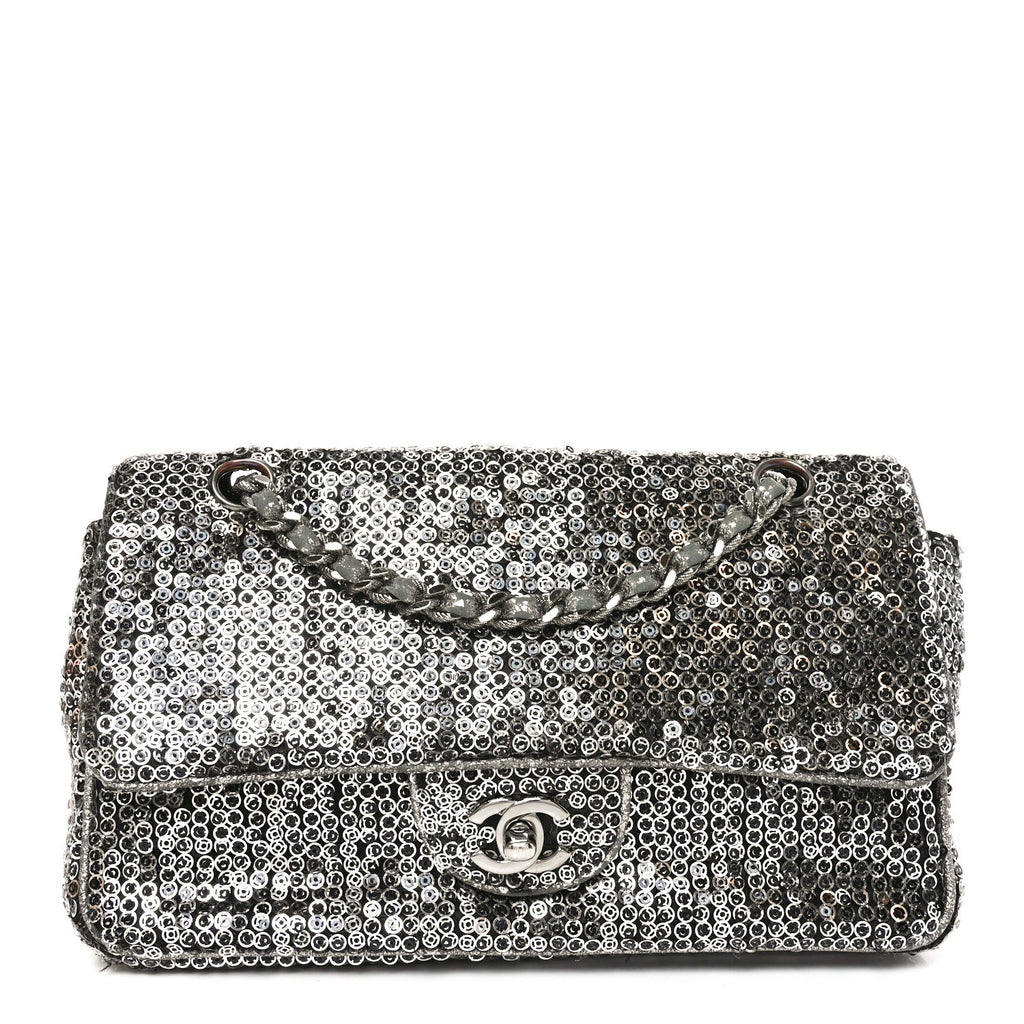 Chanel Sequin Medium Single Flap Dark Silver