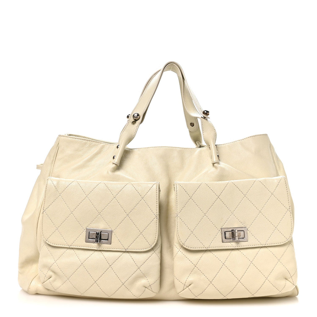 Chanel Glazed Caviar Reissue Double Pocket In the City Tote White