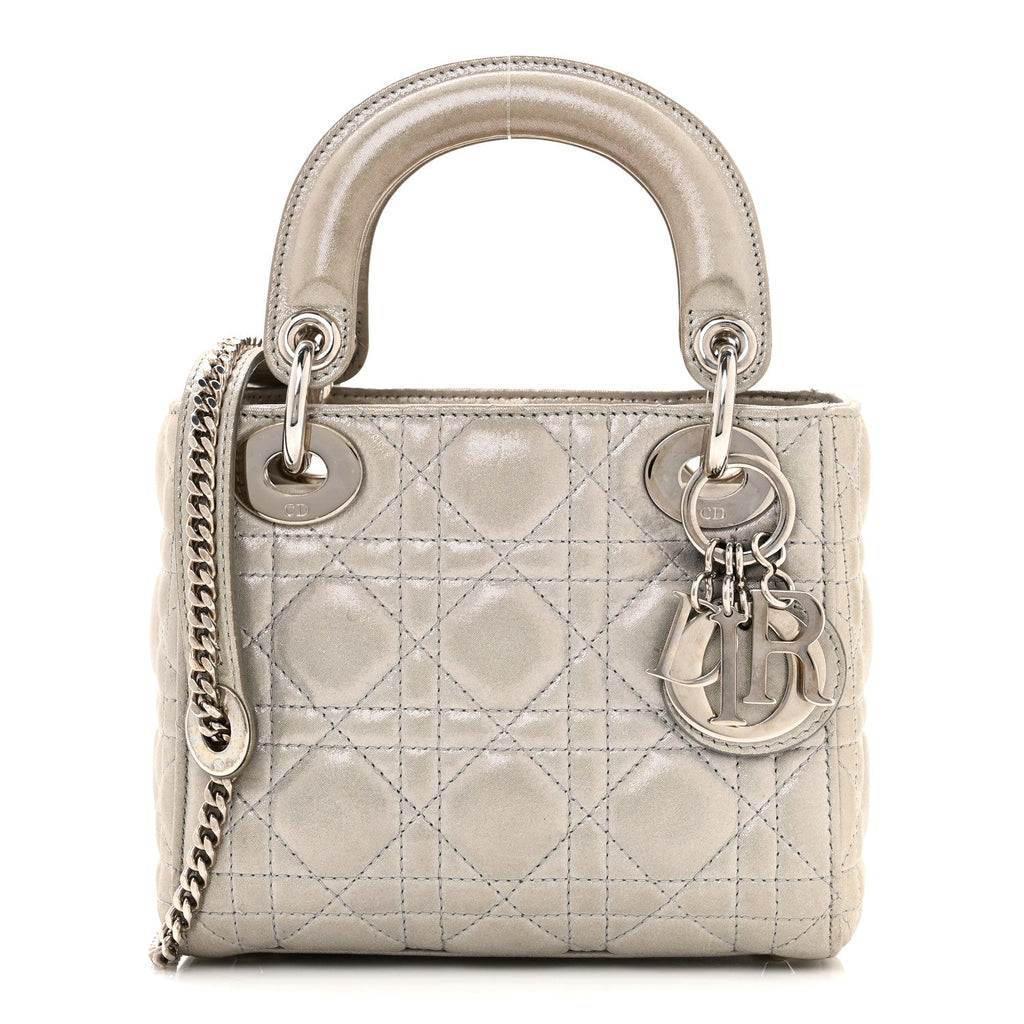 Christian Dior Metallic Lambskin Cannage Mini Lady Dior Silver