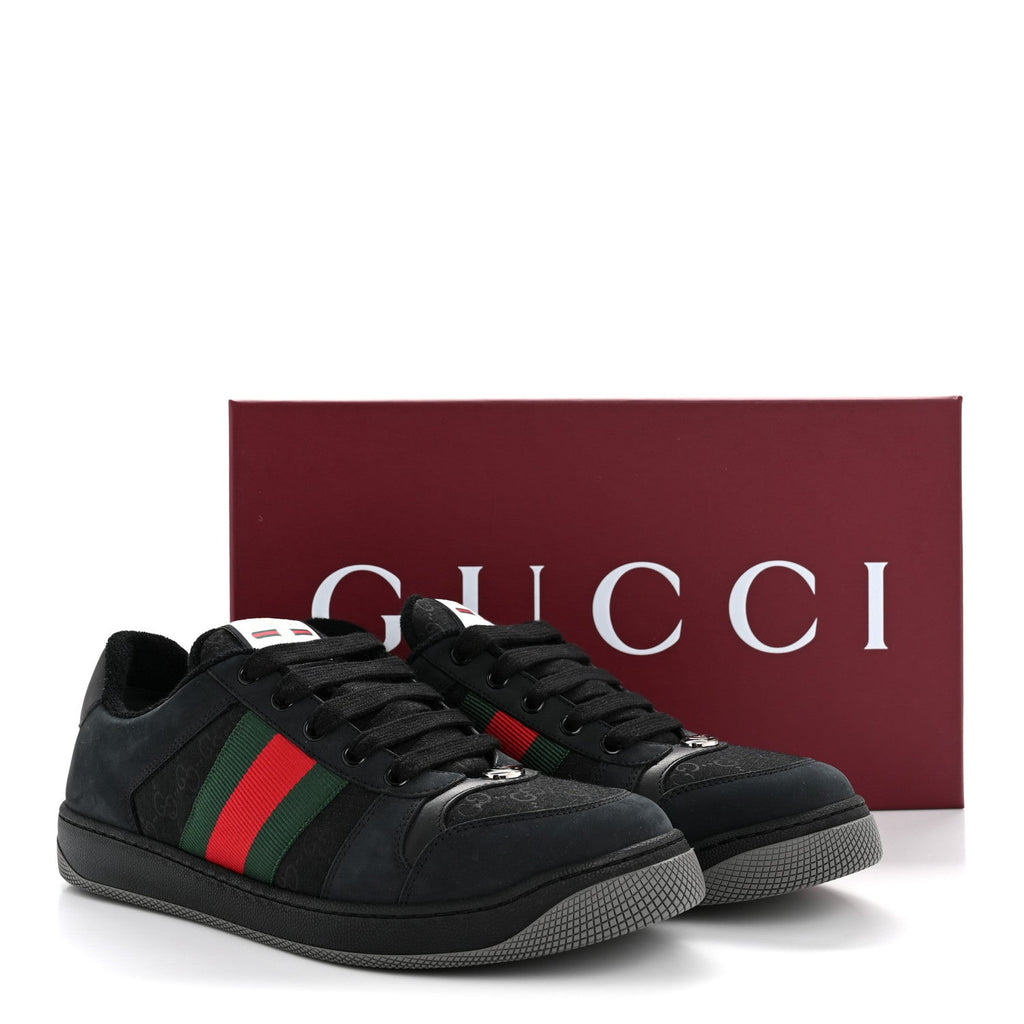 Gucci Calfskin Nylon GG Monogram Calfskin Web Mens Screener Sneakers 8.5 Black