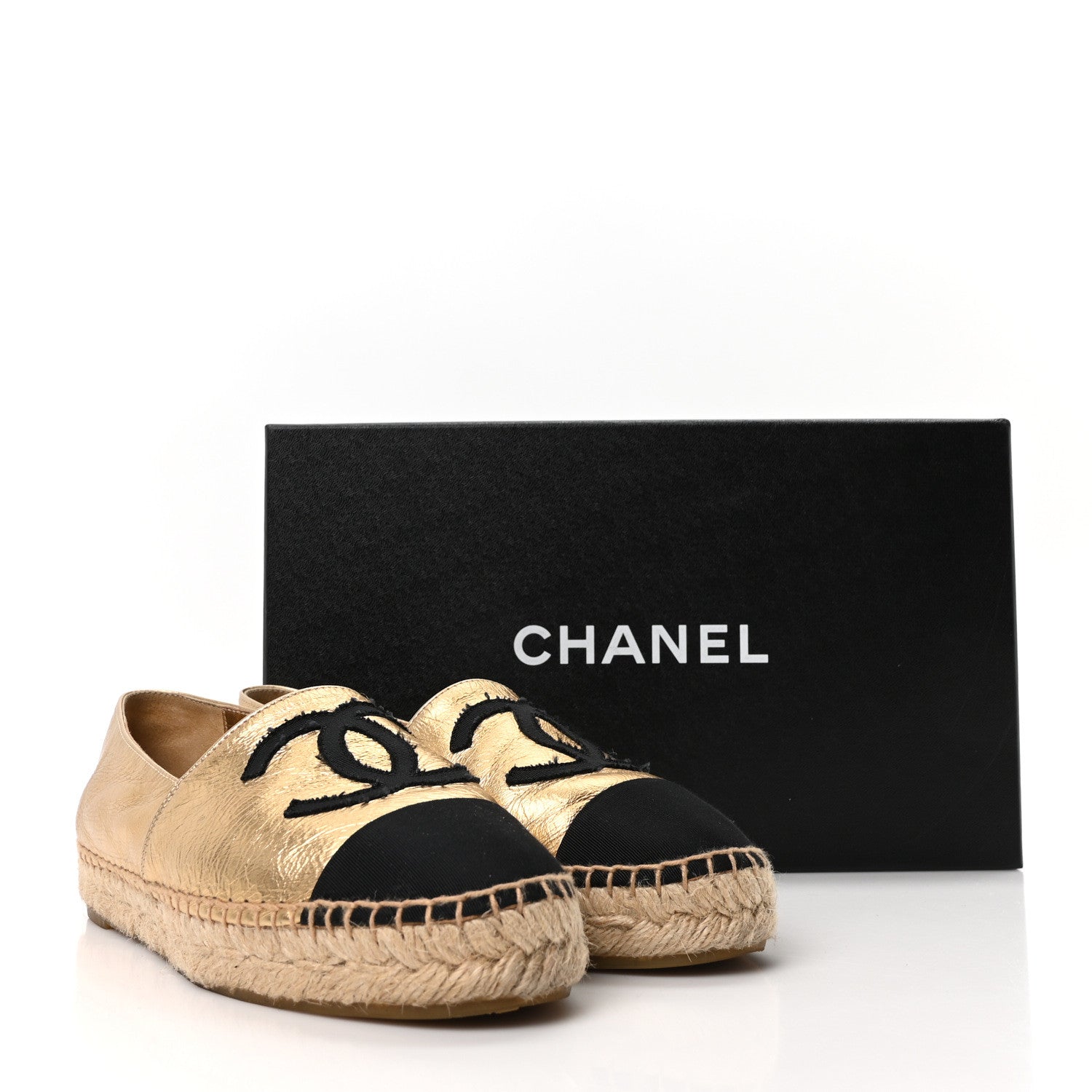 Laminated Lambskin Grosgrain CC Espadrilles 35 Gold Black