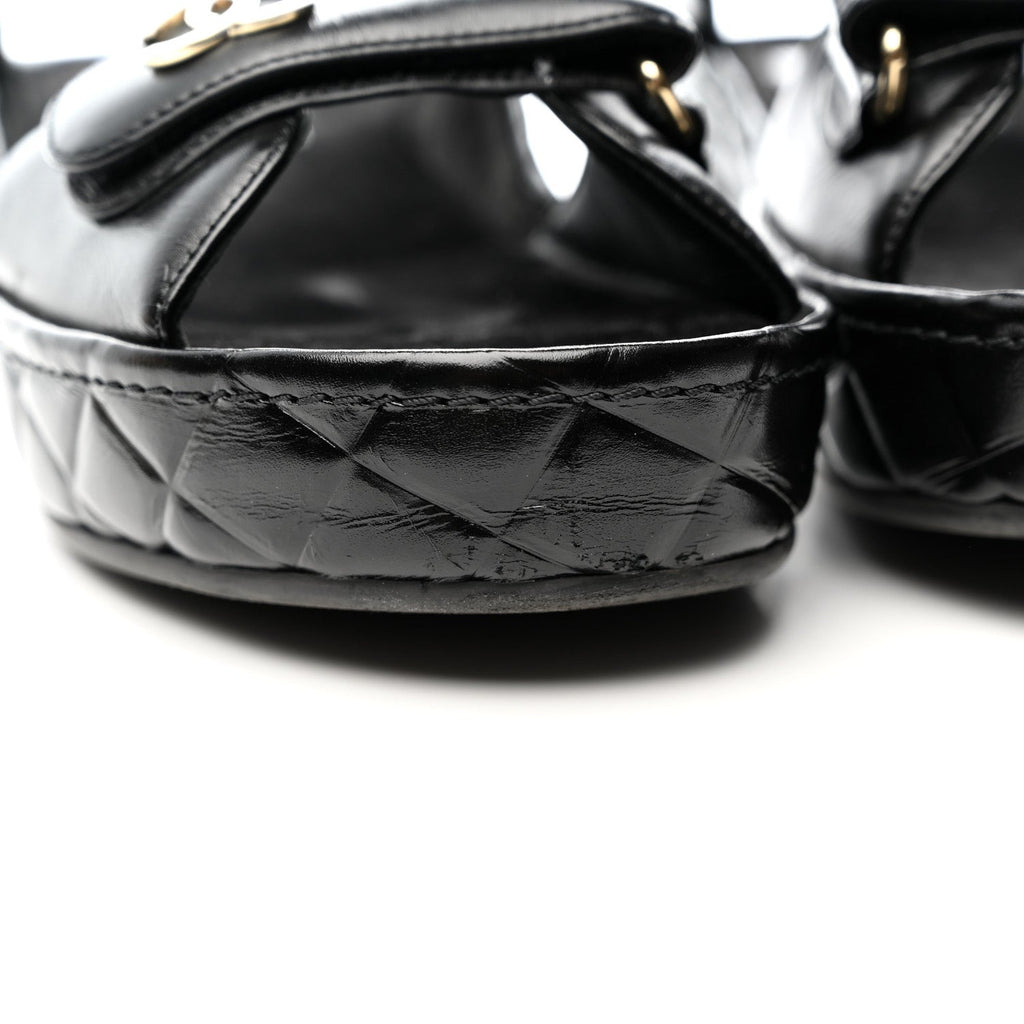 Chanel Shiny Calfskin Logo Platform Sandals 39 Black