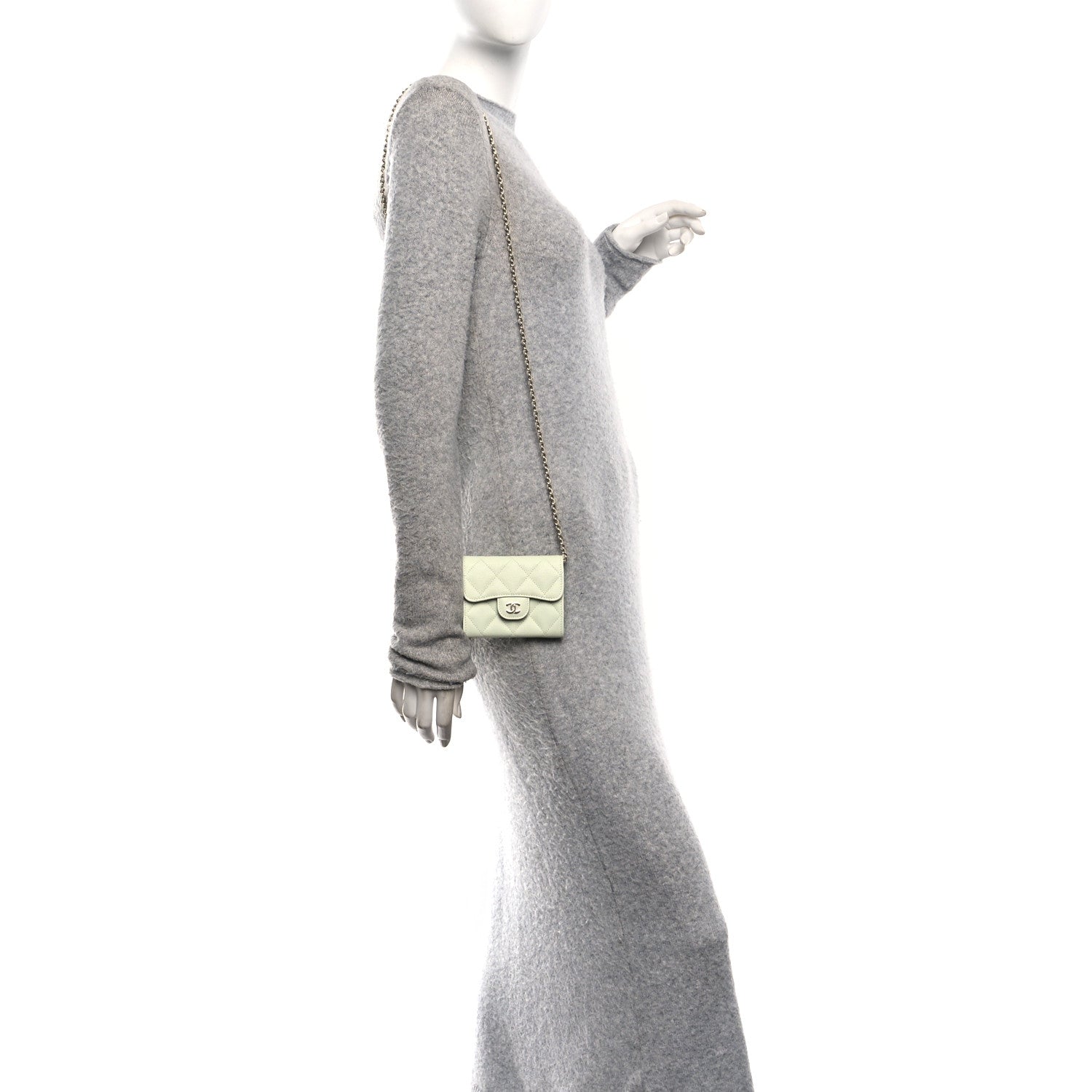 Chanel Caviar Quilted Flap Card Holder On Chain Light Green