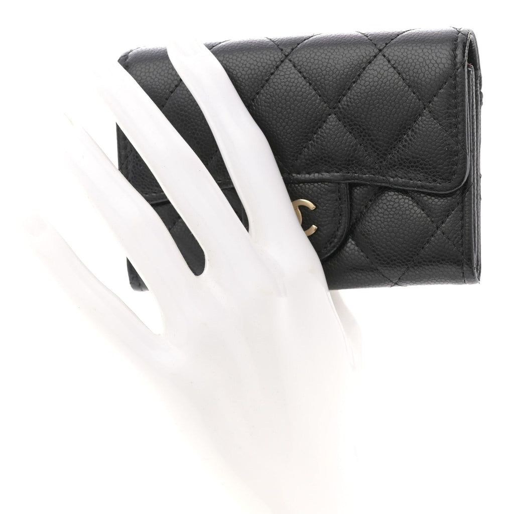 Caviar Quilted Flap Card Holder Wallet Black