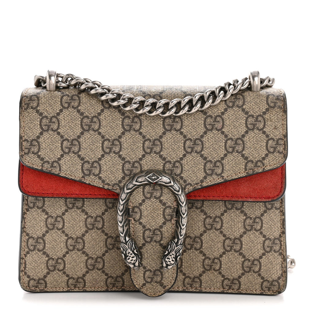 Gucci GG Supreme Monogram Suede Mini Dionysus Shoulder Bag Beige Ebony Vulcanic Red