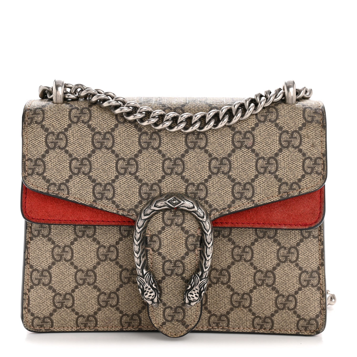 Gucci GG Supreme Monogram Suede Mini Dionysus Shoulder Bag Beige Ebony Vulcanic Red