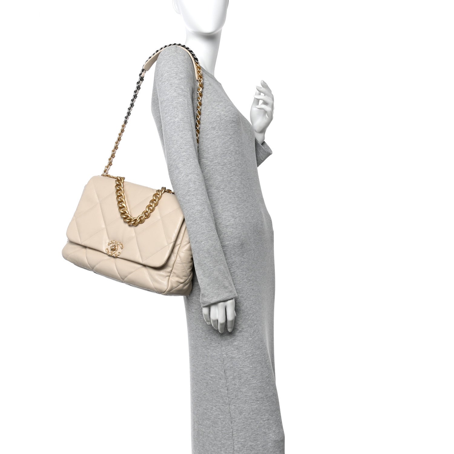 Chanel Goatskin Quilted Maxi Chanel 19 Flap Beige
