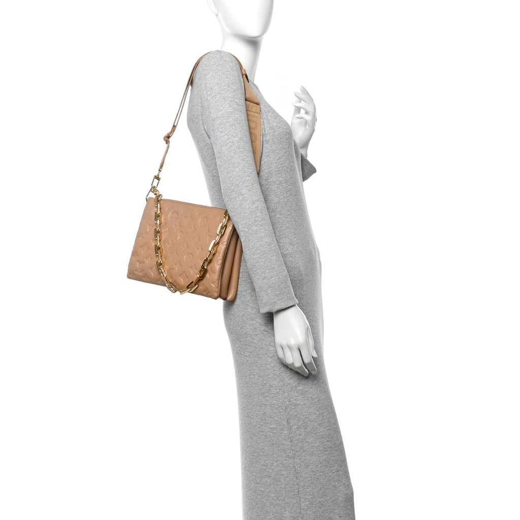 Louis Vuitton Lambskin Embossed Monogram Coussin PM Camel