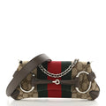 Gucci Monogram Textured Dollar Calfskin Heavy Grosgrain Web Medium Maxi Horsebit Chain Shoulder Bag Beige Ebony New Acero