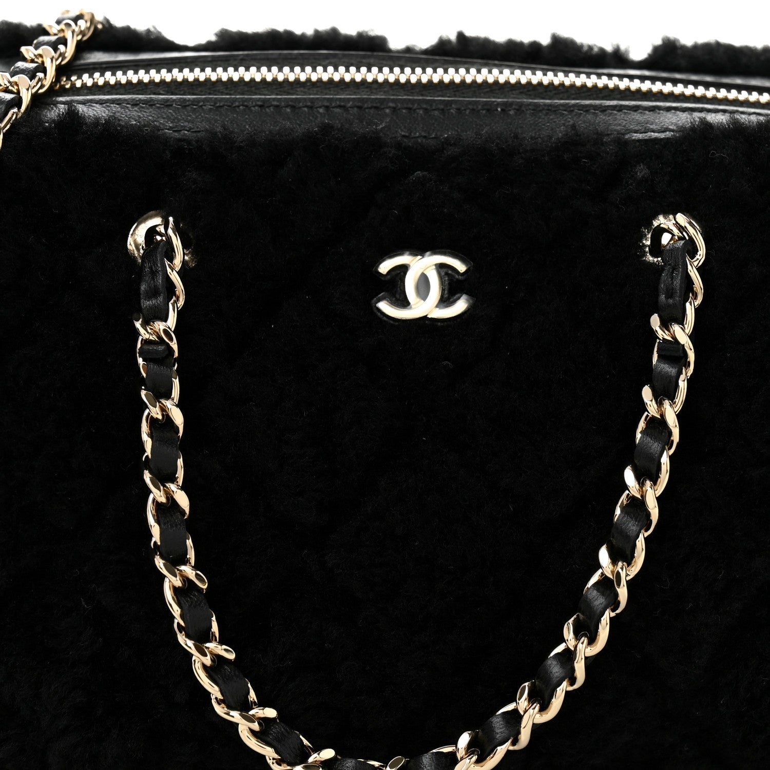 Chanel Shearling Quilted Barrel Clutch With Chain Black