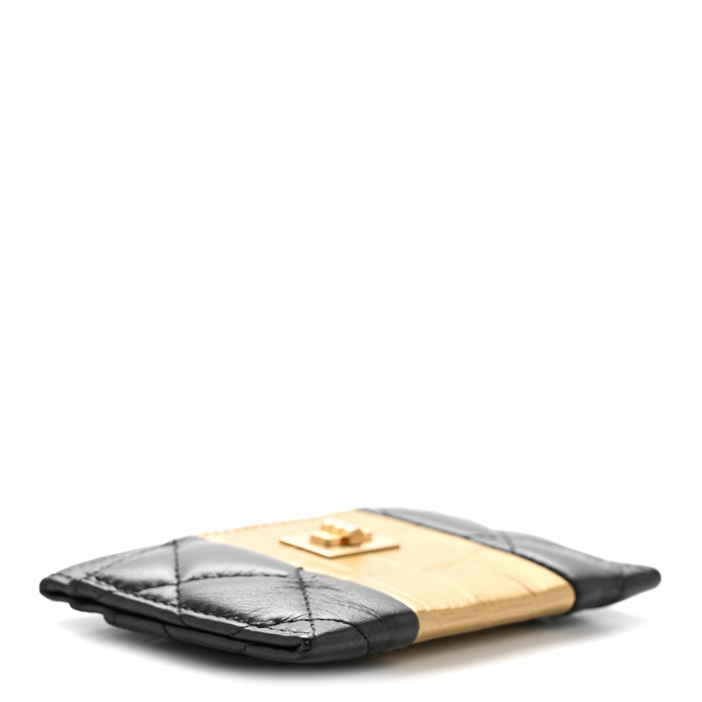 Lambskin Metallic Calfskin Crocodile Embossed 2.55 Reissue Card Holder Black Gold