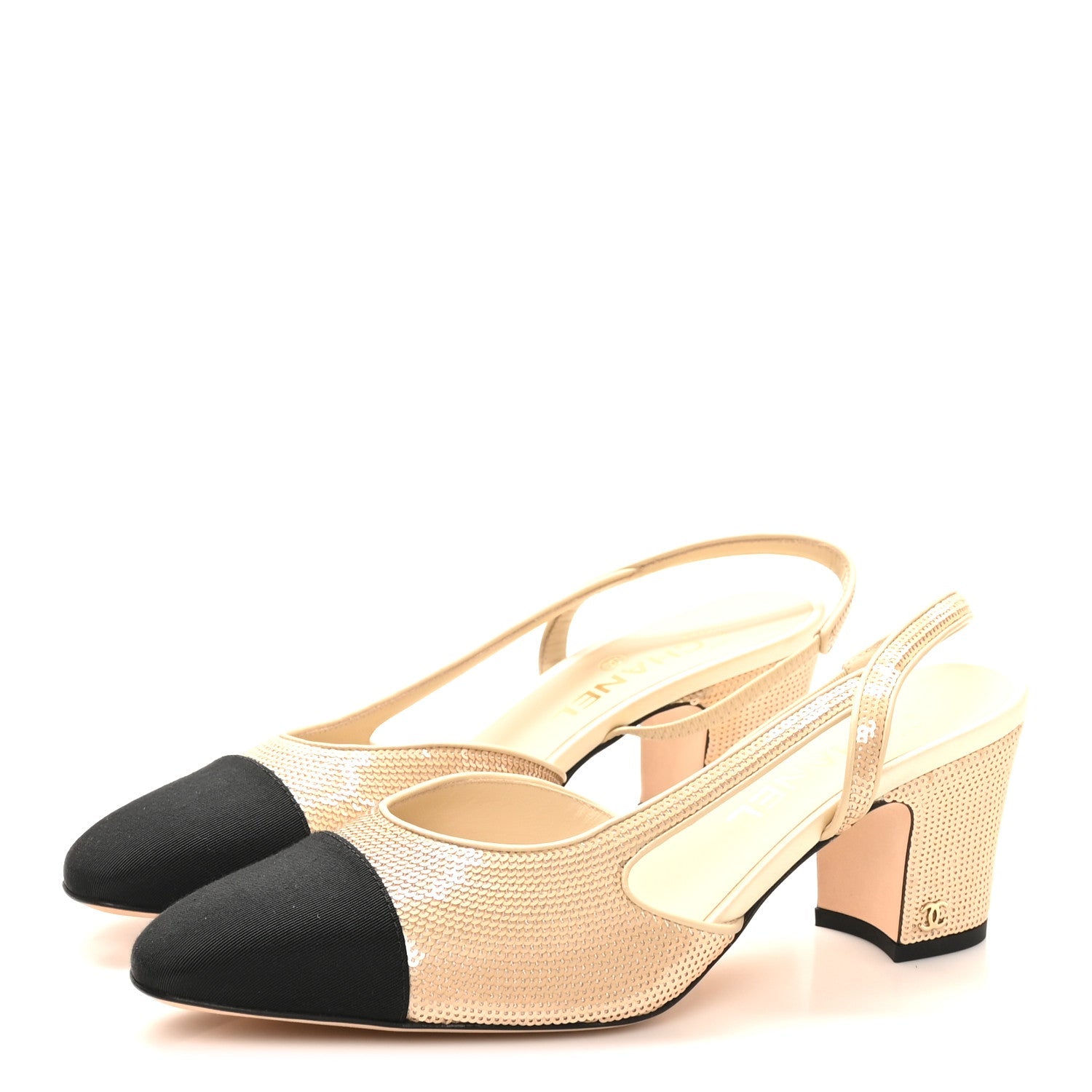 Chanel Sequin Grosgrain Cap Toe CC Slingback Pumps 40 Beige Black
