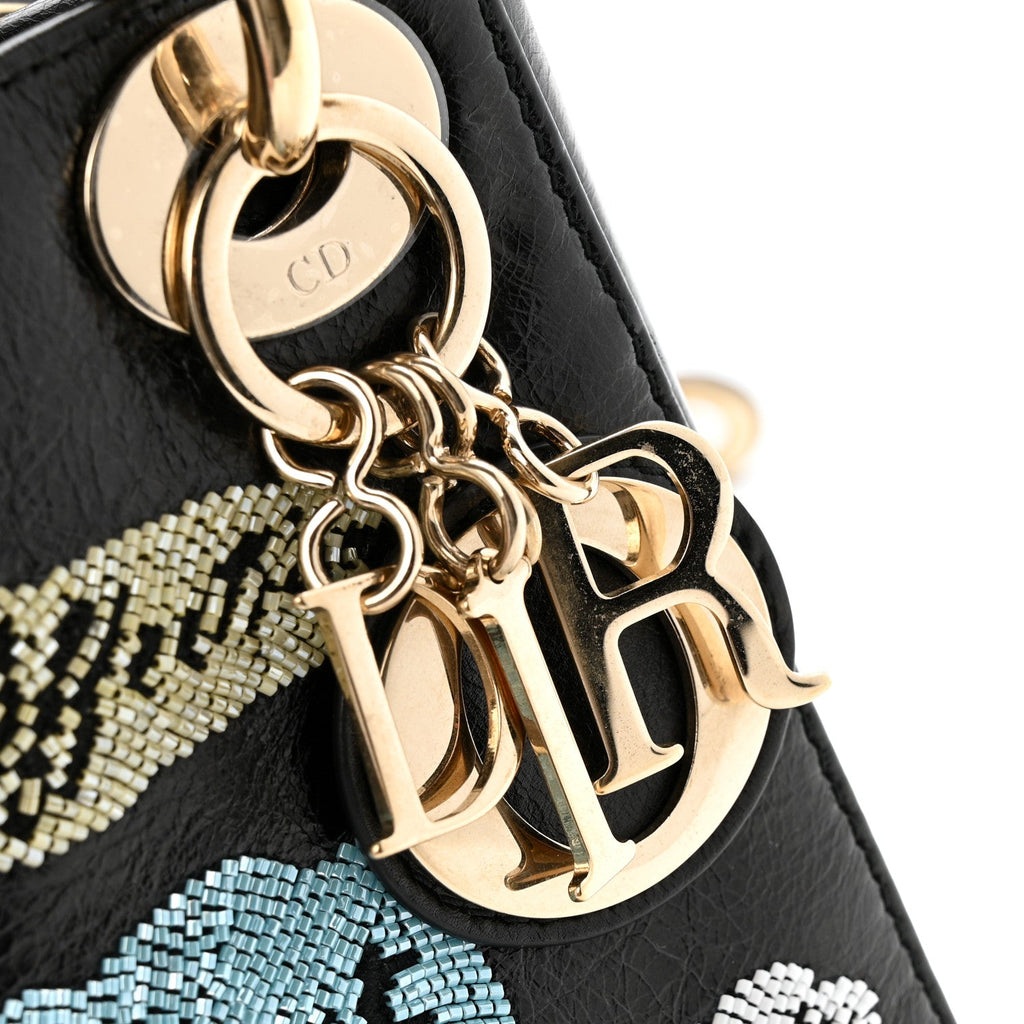 Christian Dior Calfskin Beaded Mini Lady Dior Black