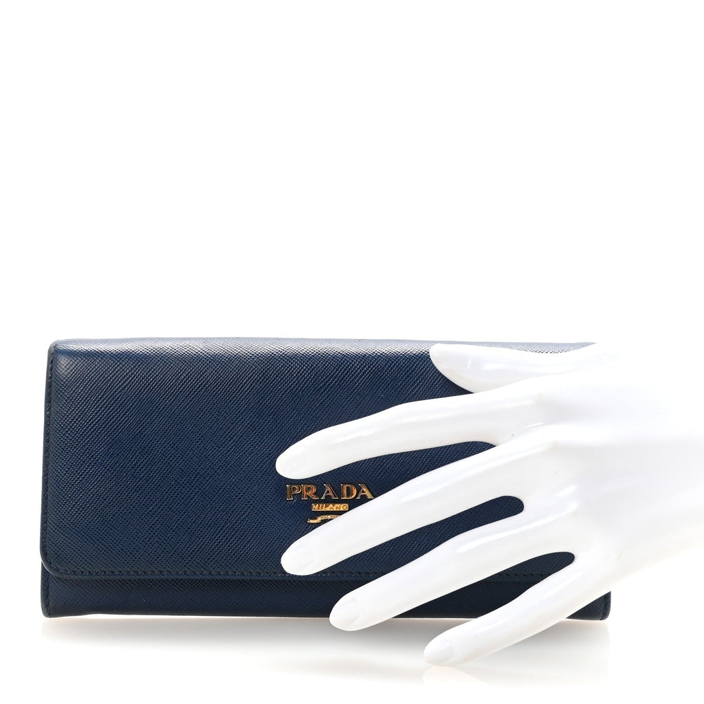 Prada Saffiano Metal Continental Flap Travel Wallet Bluette