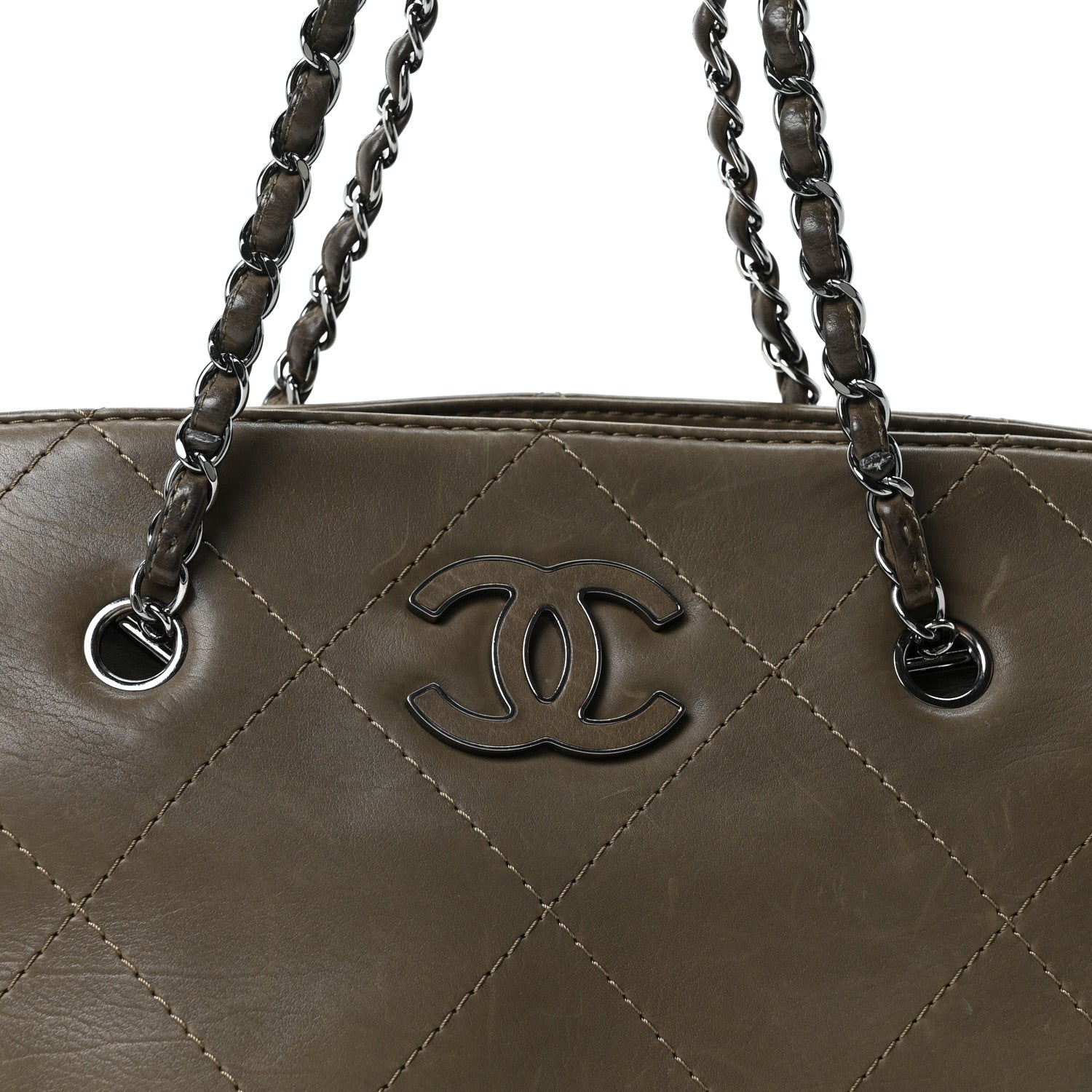 Chanel Washed Calfskin Diamond Stitch Hamptons Shopping Tote Green