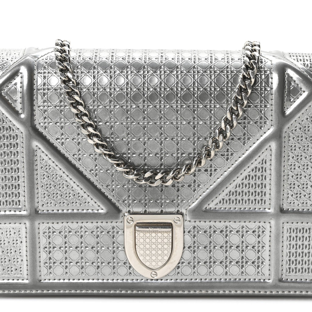 Christian Dior Metallic Patent Micro-Cannage Diorama Wallet on Chain Pouch Silver