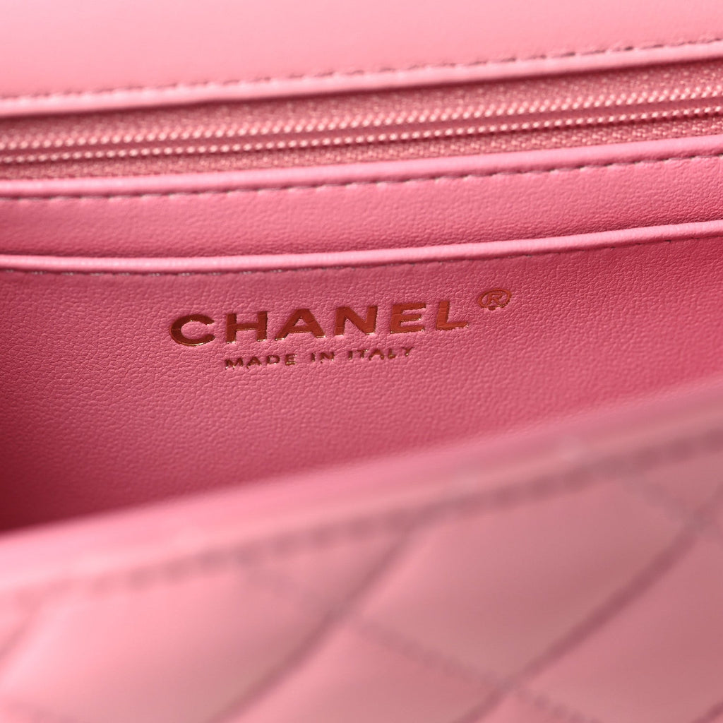 Chanel Lambskin Quilted Mini Top Handle Rectangular Flap Pink