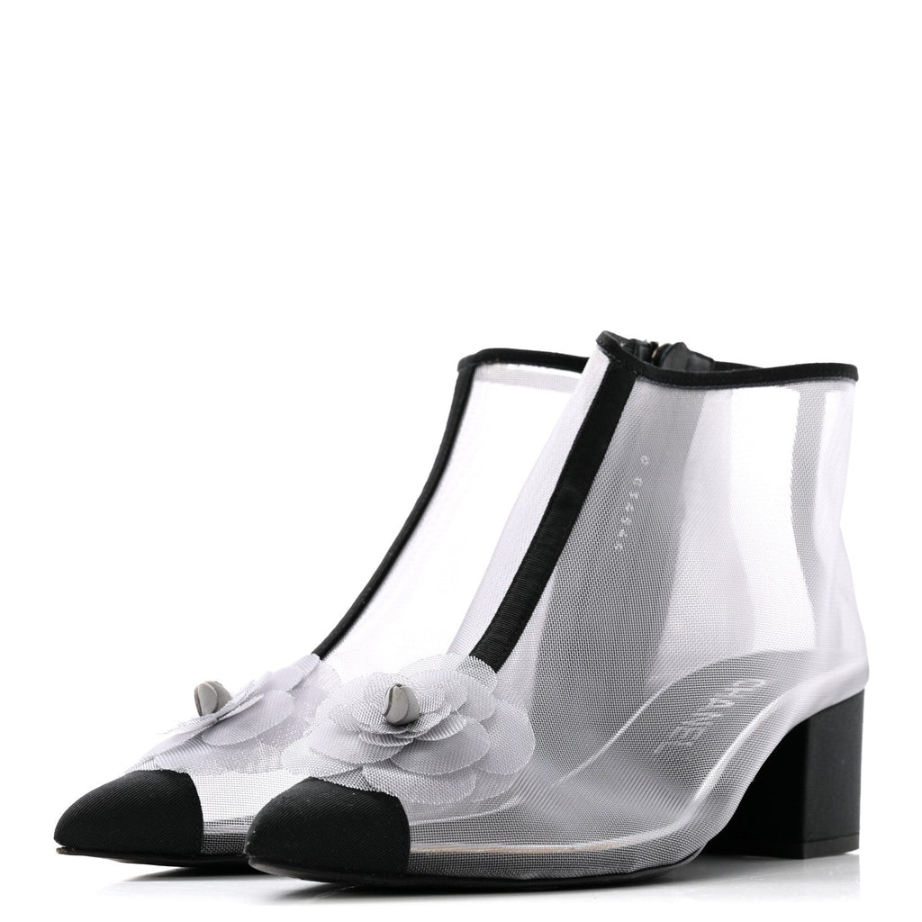 Mesh Grosgrain Camellia Short Boots 36 Grey Black