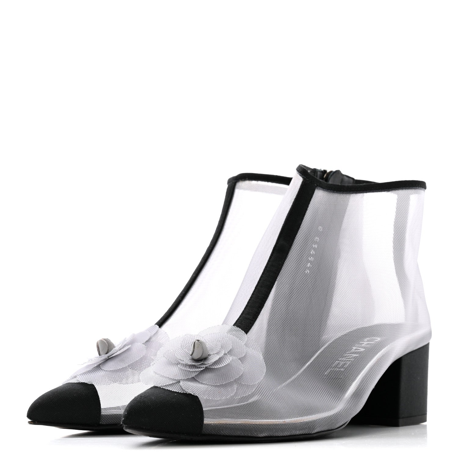 Mesh Grosgrain Camellia Short Boots 36 Grey Black